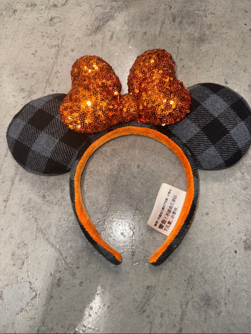 Disney Black & Gray Plaid Minnie Ears Headband with Orange Sequin Bow